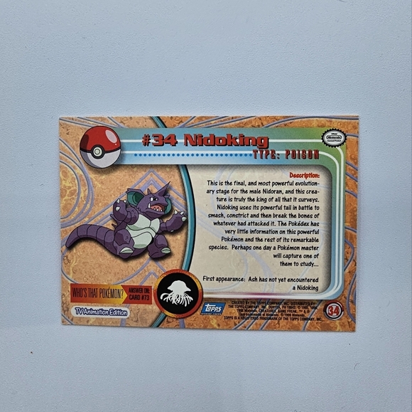 Pokemon 1999 TOPPS Nidoking #34 Blue Logo TV Animation Edition Card - Picture 4 of 4